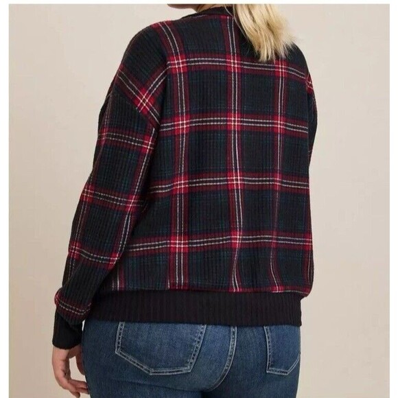 Torrid Plus 1X Plaid Waffle Knit Surplice V-Neck Top Red Black‎ Long Sleeve - Picture 5 of 12